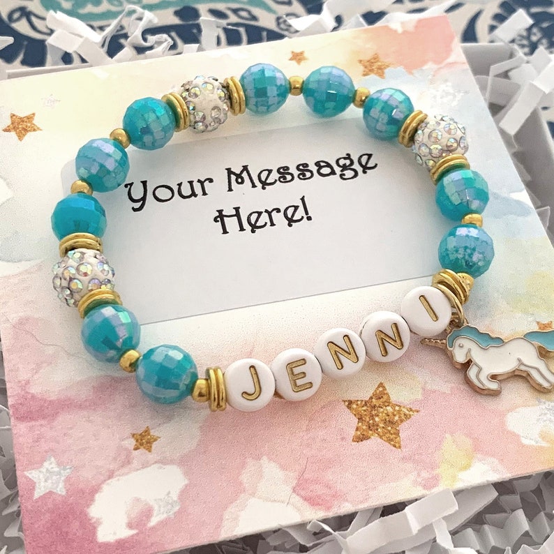 Turquoise Name Bracelet, Unicorn Personalized Gifts for Kids, Beaded Stretch Charm Bracelet for Girls, Children's Jewelry, 4th Birthday Gift bild 2