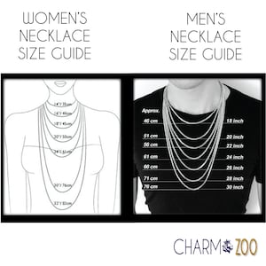May include: A size guide for necklaces, showing different lengths in inches and centimeters. The guide includes both men's and women's sizes.
