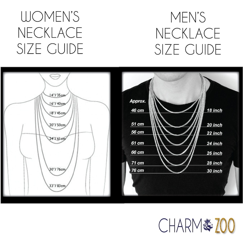May include: A size guide for necklaces, showing different lengths in inches and centimeters. The guide includes both men's and women's sizes.