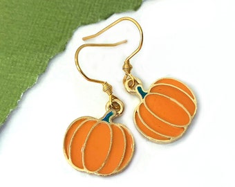 Pumpkin Earrings Dangle, Halloween Earrings, Fall Pumpkin Earrings, Orange Pumpkin Jewelry, Enamel Pumpkin Earring Set, Thanksgiving Pumpkin