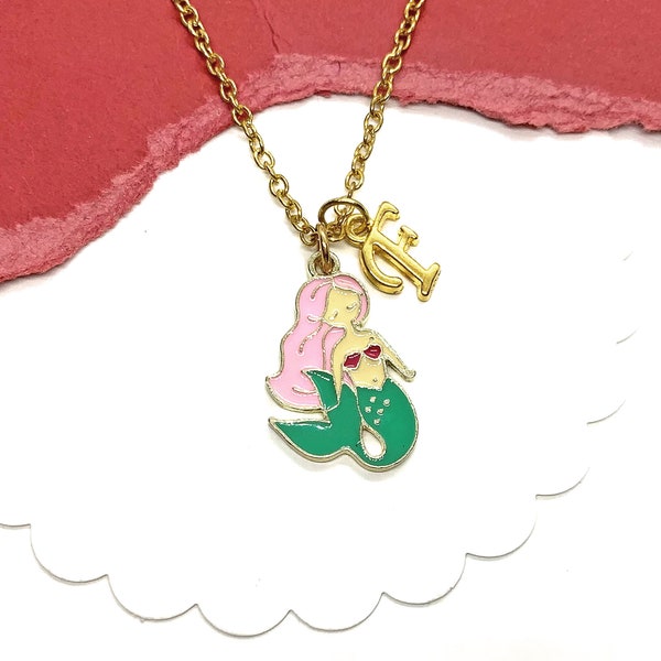 Mermaid Initial Necklace for Girls, Enamel Charm Jewelry, Little Mermaid Pendant, Themed Birthday Gift, Personalized Cute Gifts for Kids