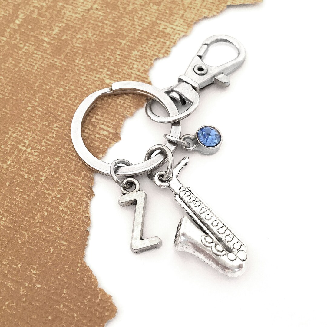 Saxophone Keychain, Personalized Saxophone Gifts, Initial Keyring