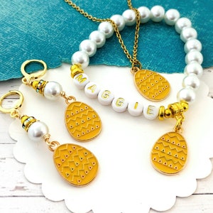 Girls Easter Egg Necklace, Easter Jewelry Set for Kids, Beaded Pearl Name Bracelet, Egg Charm Jewelry, Easter Earrings, Easter Basket Gifts