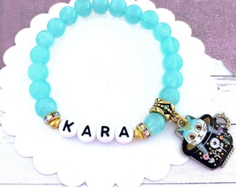 Kids Name Bracelet, Kids Jewelry, Cat Charm Bracelet, Kitty Bracelet Kids, Personalized Word Bracelet, Valentines Day, Easter Gift for Girls