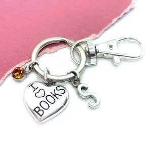 Book Lover Keychain, Initial Keyring, Bookworm Gifts, Librarian Gifts, Book Club Gifts, I Love Books Charm Key Chain, Author, Writer Gifts
