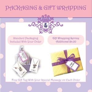 May include: Image showing packaging and gift wrapping options. Includes standard packaging with jewellery and a gift-wrapped present with a purple ribbon and a "Happy Birthday" tag. Text reads "Free Gift Tag With Your Special Message on Each Order."
