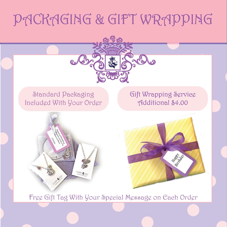 May include: Image showing packaging and gift wrapping options. Includes standard packaging with jewellery and a gift-wrapped present with a purple ribbon and a "Happy Birthday" tag. Text reads "Free Gift Tag With Your Special Message on Each Order."