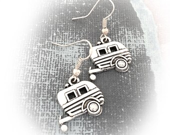 Camper Earrings, Camping Earrings, Caravan Earrings, Vintage Camper Charm Earrings, Camping Jewelry, Travel Trailer Gifts, Dangle Earrings