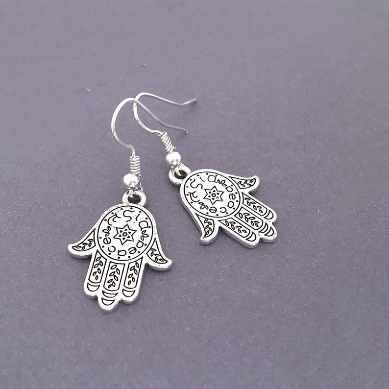 Talisman Gift Hamsa Hand Earrings Hamsa Earrings Hand of Fatima Earrings Protection Earrings Good Luck Earrings Silver Dangle Earrings