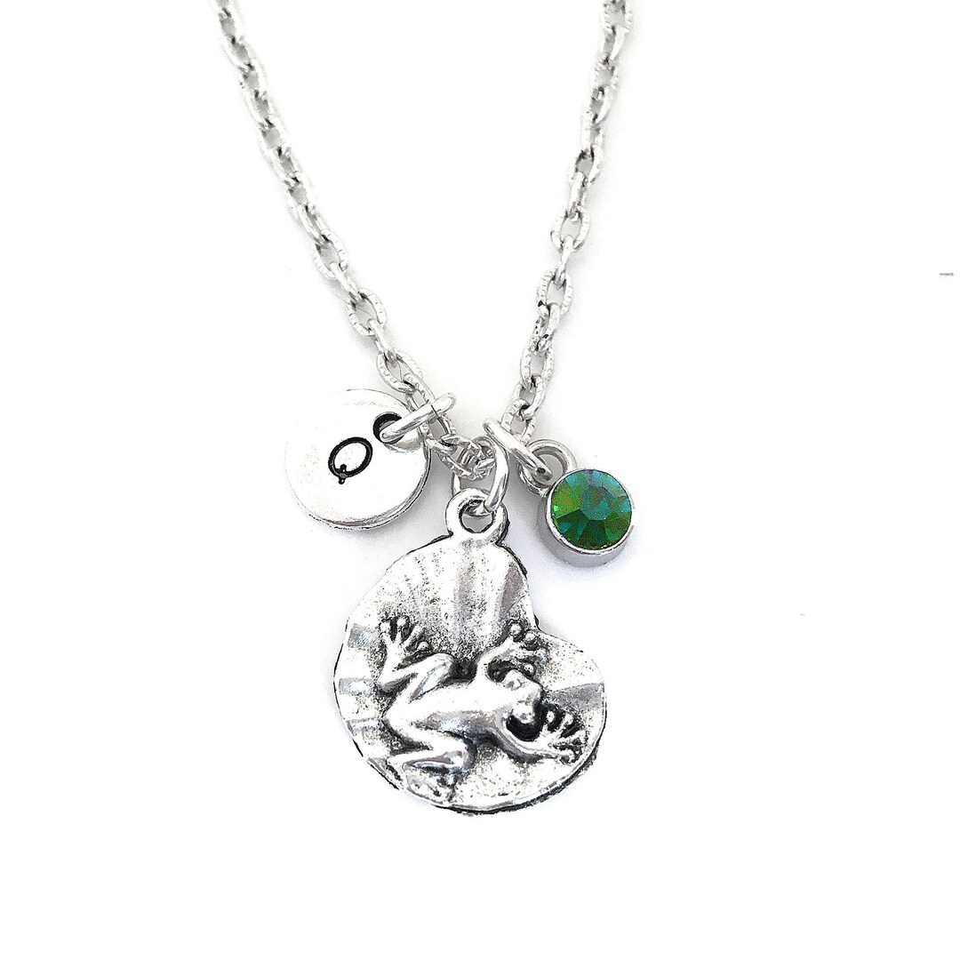 Frog on Lily Pad Necklace, Frog Initial Necklace Pendant, Lily Pad Jewelry, Personalized Frog