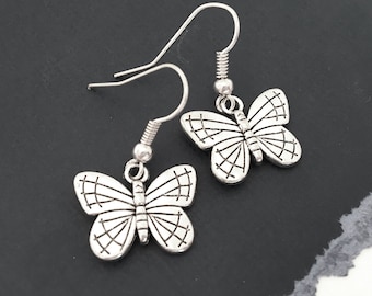 Butterfly Earrings Silver, Butterfly Charm Earrings, Silver Dangle Earrings, Butterfly Jewelry, Butterfly Gifts for Women, Butterfly Love