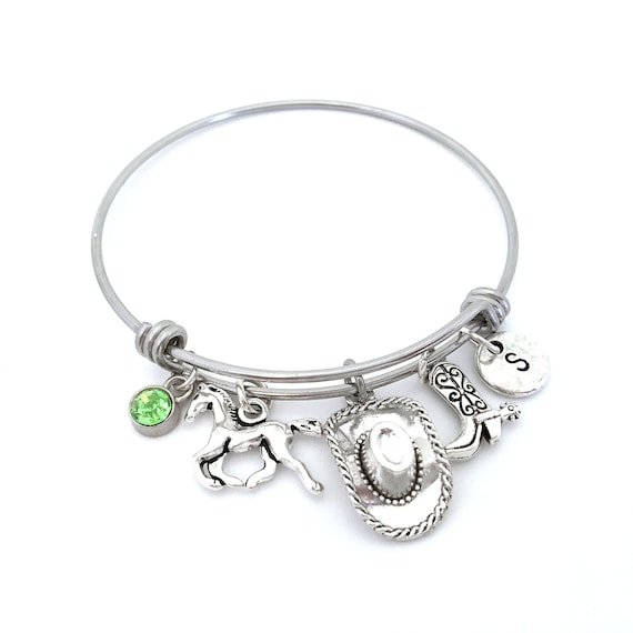 Cowgirl Bracelet, Cowgirl Charm Bracelet, Cowgirl Bangle Bracelet, Cowgirl Jewelry, Cowgirl Gifts, Initial Bangle Personalized Silver Bangle
