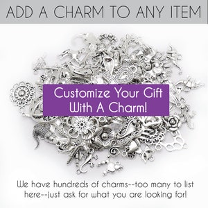 May include: A large pile of silver charms, including flowers, animals, and abstract designs. The text "Customize Your Gift With A Charm!" is displayed on a purple banner.