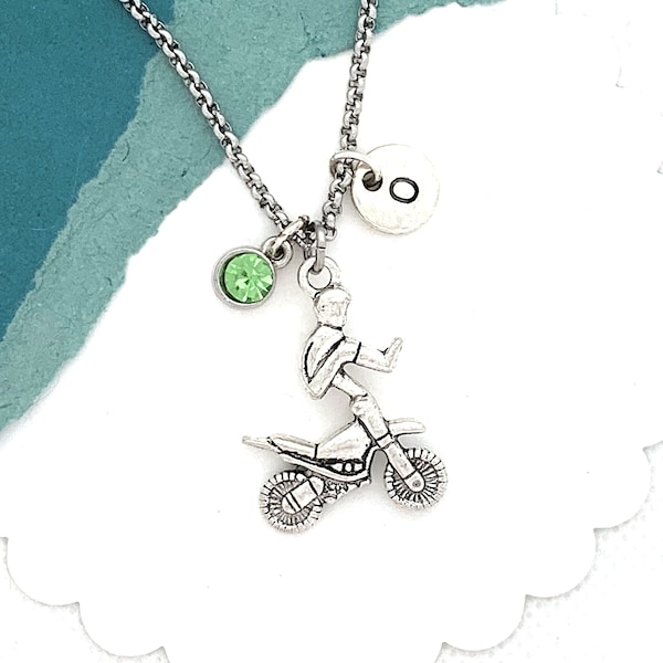 Motocross Necklace, Dirt Bike Necklace, Dirtbike Jewelry, Trail Bike Gift, Enduro Motorcycle Pendant, Personalized Gift, Initial Necklace