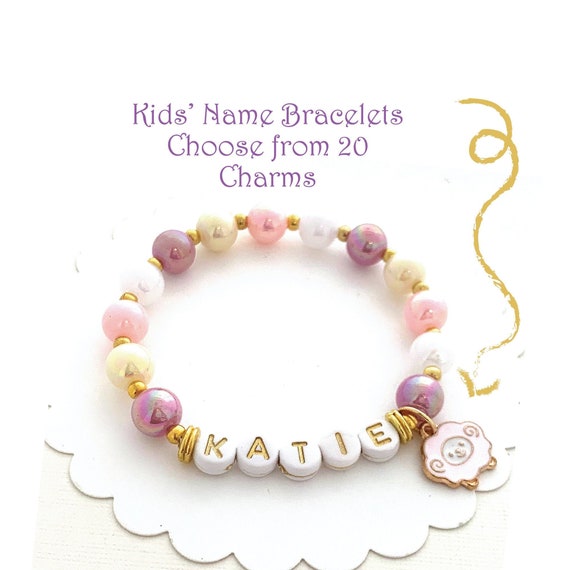 Girls Name Bracelet, Personalized Kids Jewelry, Beaded Stretch Bracelet,  Cute Little Girl Gift, Children's Jewelry, Choose Your Charm 