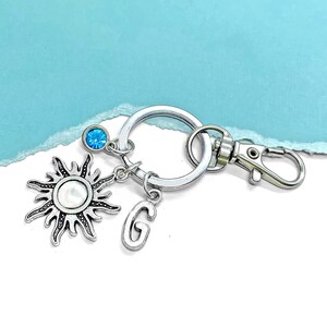 Sun Keychain, Sunburst Charm Keyring, Silver Sun Charm Key Ring, Initial Keyring, Personalized Gift, Sun Worship, Celestial Gift for Her