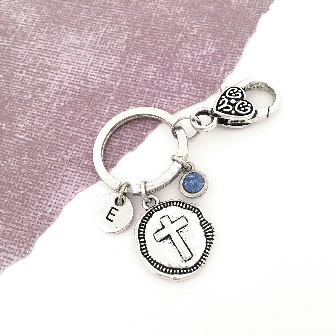 Cross Keychain, Key Chain, Medallion Cross, Stamped Cross, Initial ...
