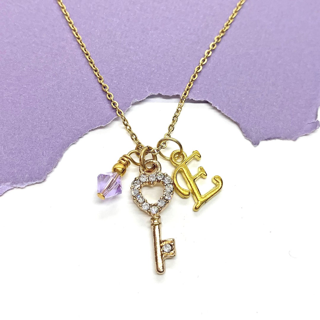 Key Heart Necklace Gold Key Necklace for Women Rhinestone Etsy