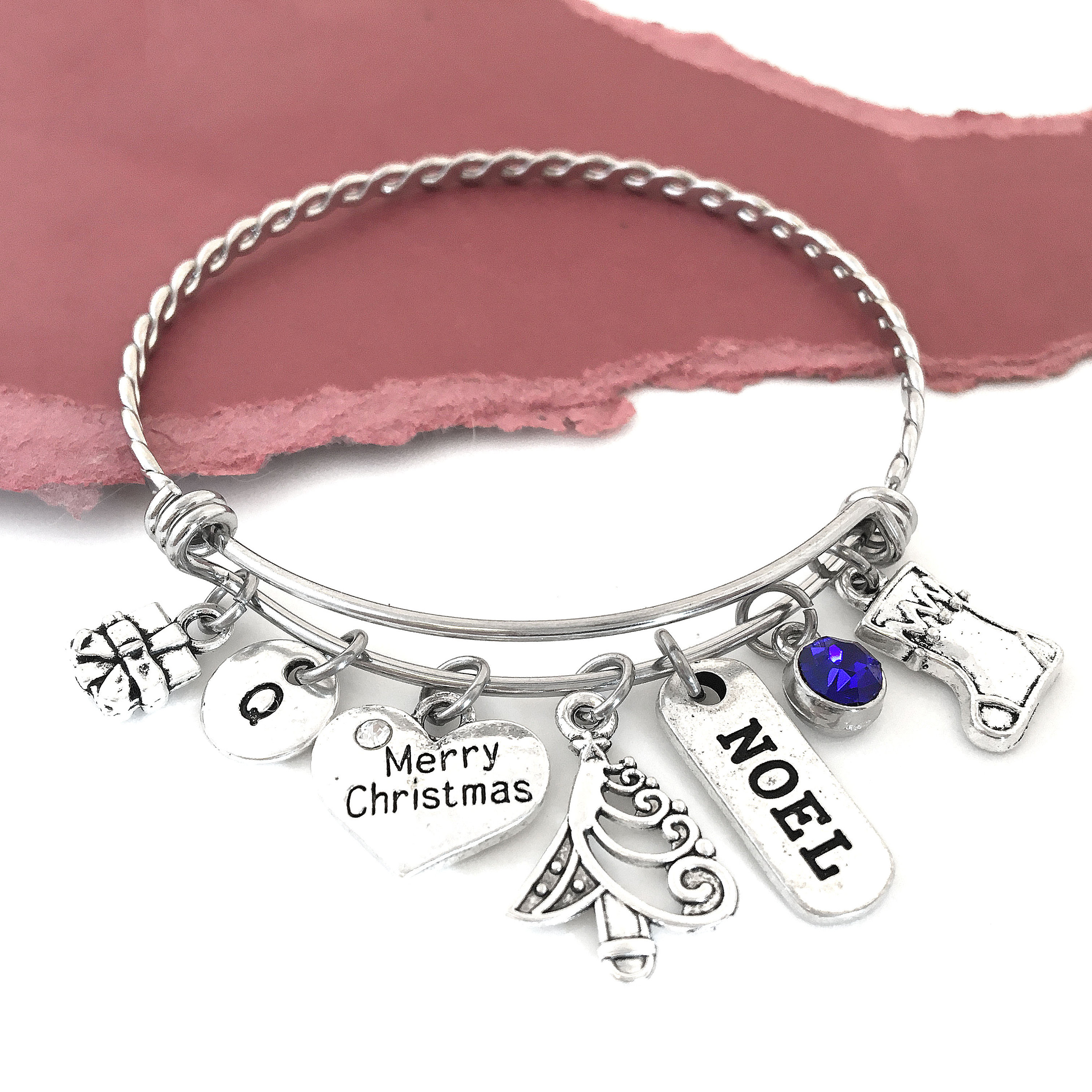 Christmas Bangle Bracelet Initial Bangle Christmas Charm Etsy