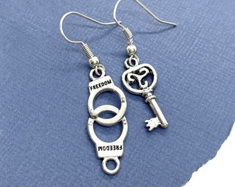 Handcuff Earrings, Key Earrings, Handcuff Jewelry, Silver Dangle Earrings, Mismatched Earrings, Law Enforcement Gifts, Police Woman Gifts