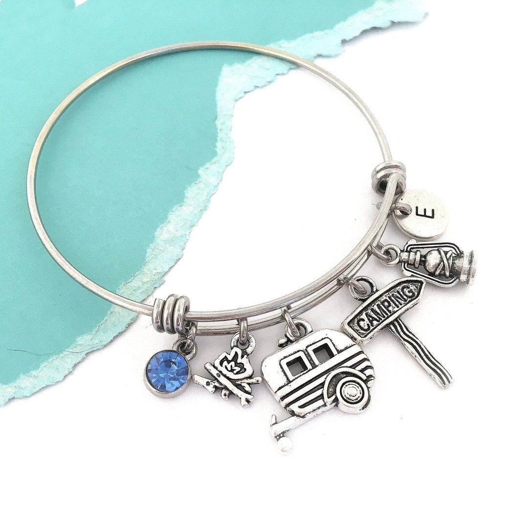 Camping Bangle, Camping Bracelet, Camper Charm Bracelet, Camping Lover