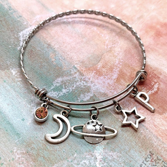 Space Bracelet Saturn Planet Charm Bracelet Space Themed Jewelry Personalized Space Lover Gift Celestial Bangle Outer Space Jewelry Etsy