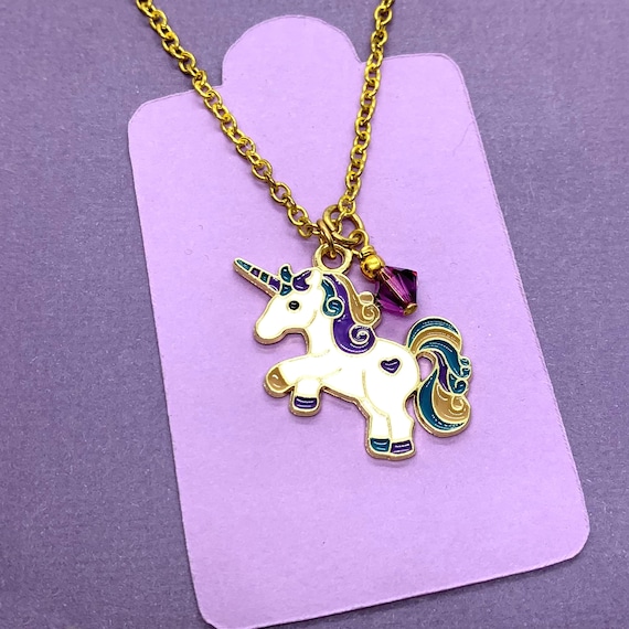 Children's necklace pink blue and purple unicorn pendant, gold unicorn  jewelry, colorful jewelry gift for little girl, niece Christmas gift idea