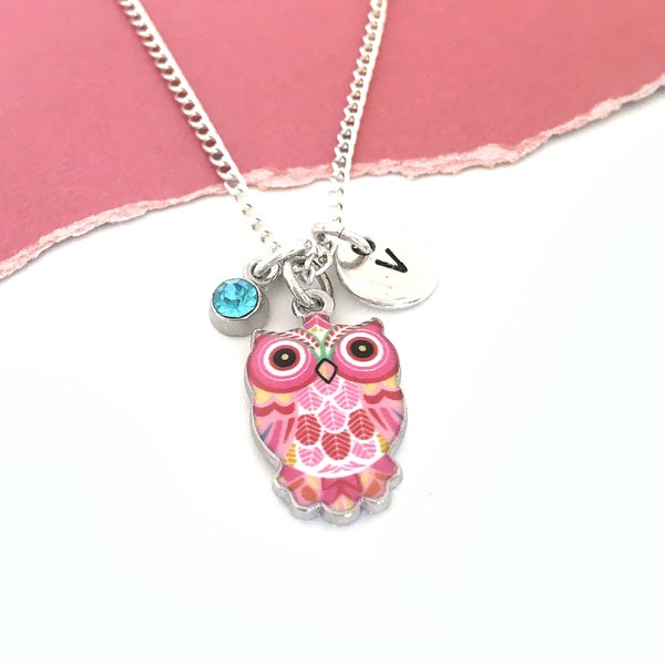 Owl Initial Necklace, Owl Jewelry for Girls, Enamel Owl Charm Pendant, Personalized Owl Gift for Kids, Owl Lover Gift, Bird Jewelry for Her