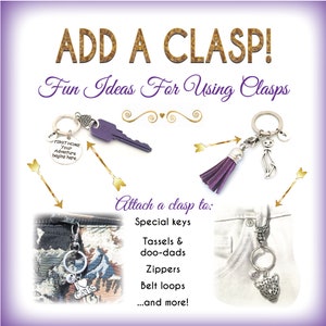 May include: A purple background with the text "ADD A CLASP! Fun Ideas For Using Clasps". Three images show different ways to use clasps: a key with a charm, a tassel with a charm, and a pair of jeans with a charm.
