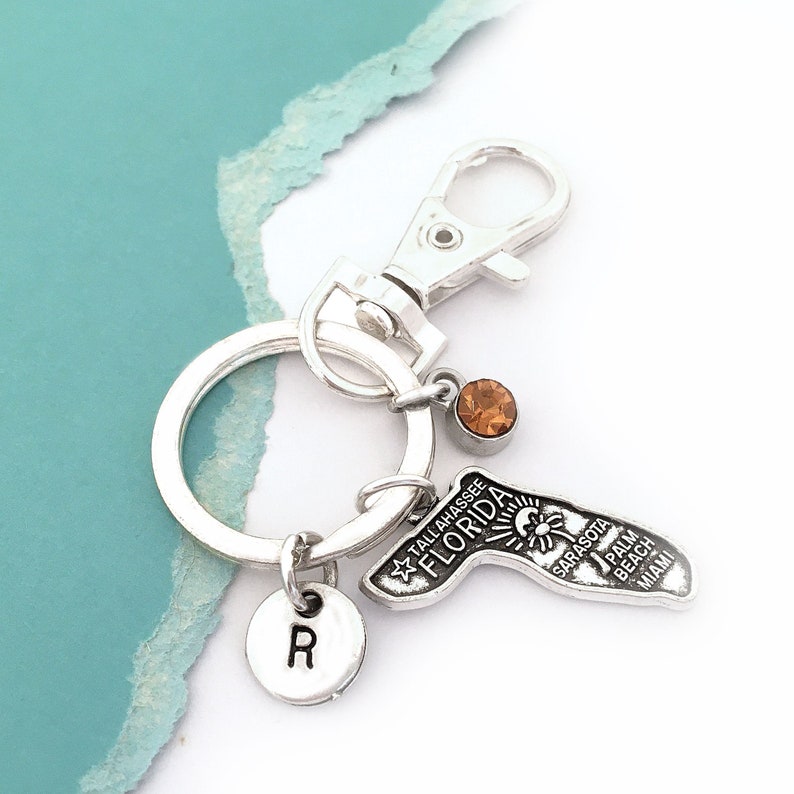 Florida Keychain, State Keychain, Florida Souvenir, Personalized Charm Keychain, Initial Keyring, Florida Gifts, Florida Accessories for Her image 1