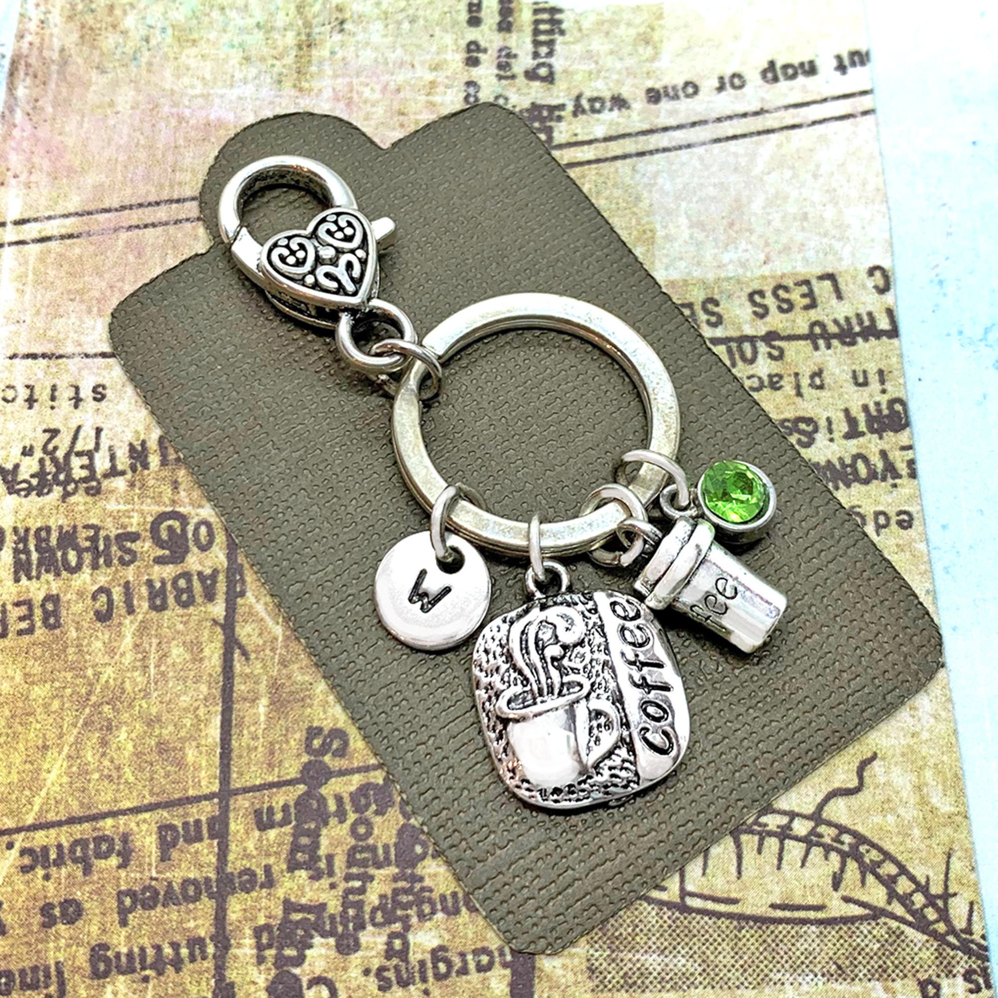 Coffee Keychain, Coffee Lovers Gift, Initial Keychain, Coffee