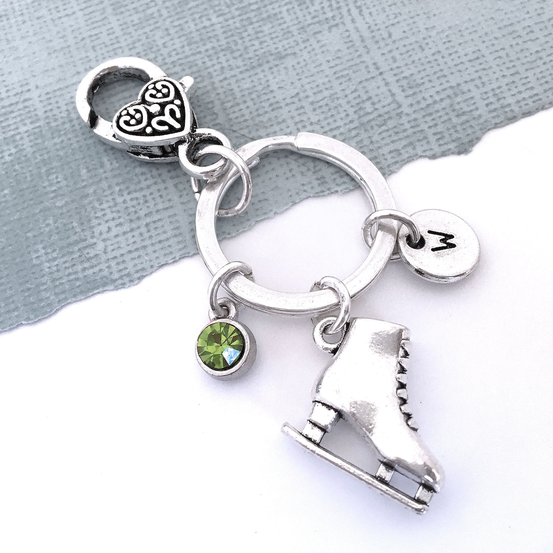 Ice Skate Keychain, Initial Keychain, Ice Skate Charm Keyring, Initial