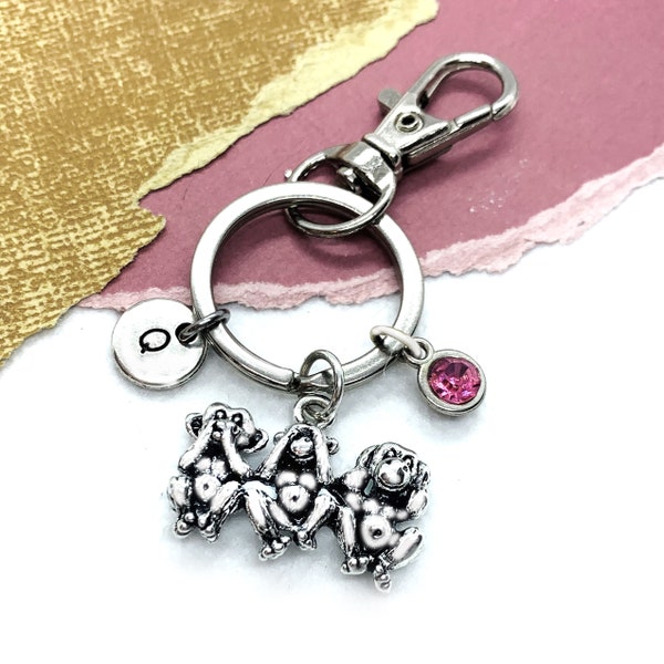 Monkey Keychain, Three Wise Monkeys, Initial Keyring, Personalized Keychain Gift for Boyfriend, Charm Key Ring, Ape, Primate, Snarky Gift