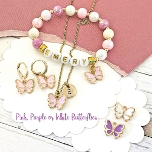 Butterfly Necklace and Earrings, Name Bracelet, Beaded Butterfly Bracelet, Children&#39;s Jewelry, Personalized Butterfly Birthday Gift for Kids