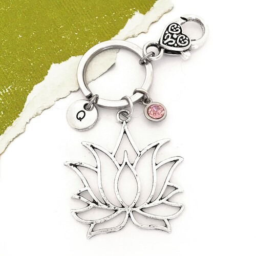 Lotus Flower Keychain, Lotus Key Chain, Yoga Lover Gift, Lotus Accessories, Yoga Instructor Gift, Lotus Blossom Personalized Initial Keyring