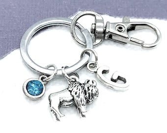 Op de afbeelding: Zilveren sleutelhanger met een blauwe kristallen hanger, een buffelhanger en een letter G-hanger.