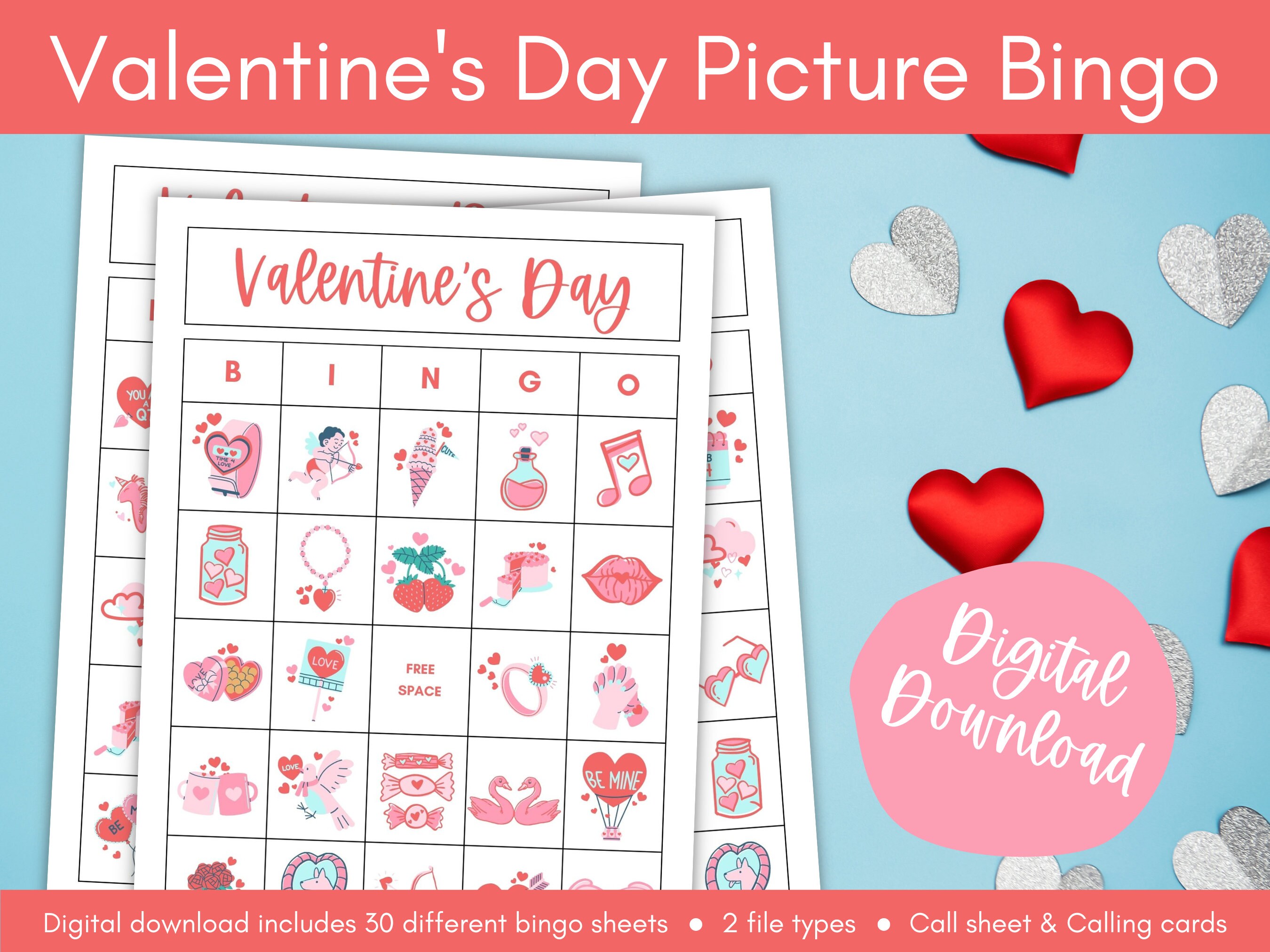 Valentine s Day Bingo Printable Digital Download Kids Games Picture Bingo Etsy