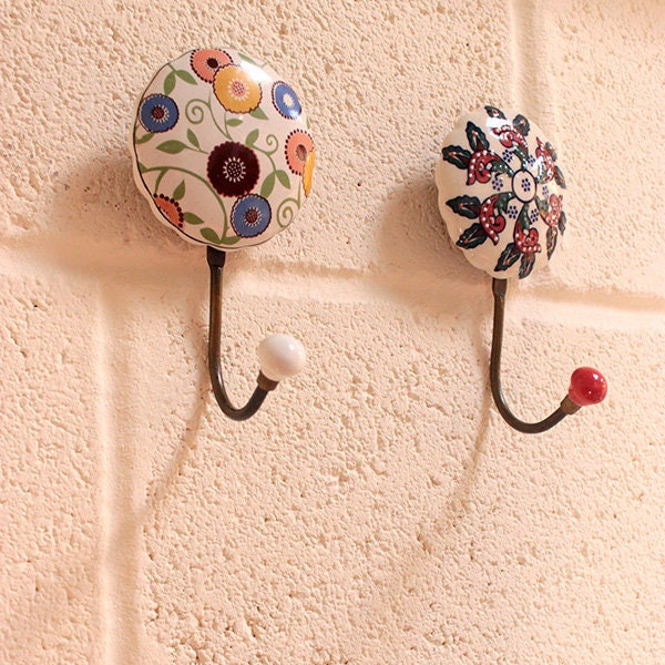 Colorful White Vintage Designs Ceramic Hat & Coat Hooks Wall Hangers 4 Choices