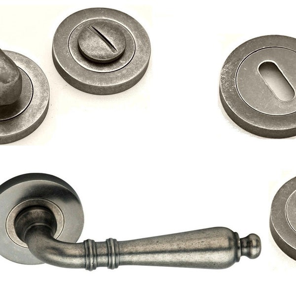 Old English Style Antique Pewter Lever Door Handles Set Escutcheons & Thumb Turns