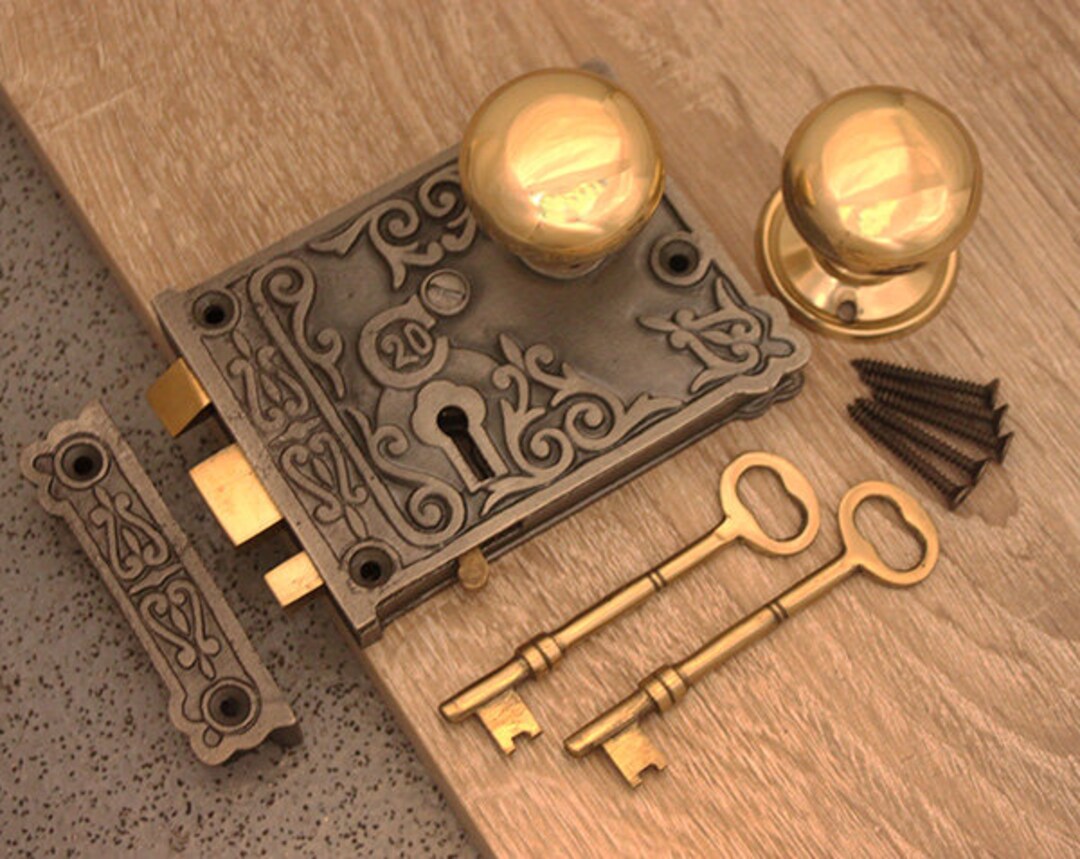 Brass Door Knob Set Antique Cast Iron/brass Door Rim Sash Lock Floral 5 Designs Etsy