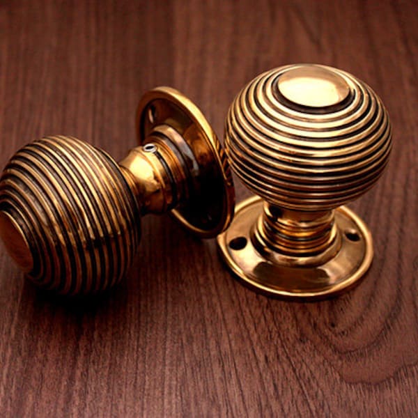 Antique Large Reeded Beehive Mortice Door Knob (Pair) Aged Brass 60mm