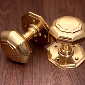 Heavy Cast Solid Brass Pair of Octagonal Mortice Door Knob Set Polished Brass