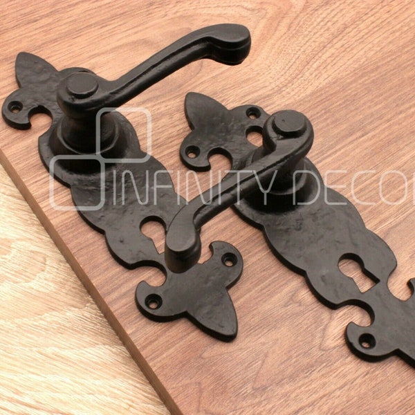 Black Cast Iron Hand Forged Fleur De Lys Antique lever Key Lock Door Handle Pair