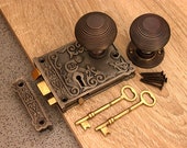 Vintage Style Period Antique Cast Iron Door Rim Lock knob Set 39 Floral 39 - Bronze