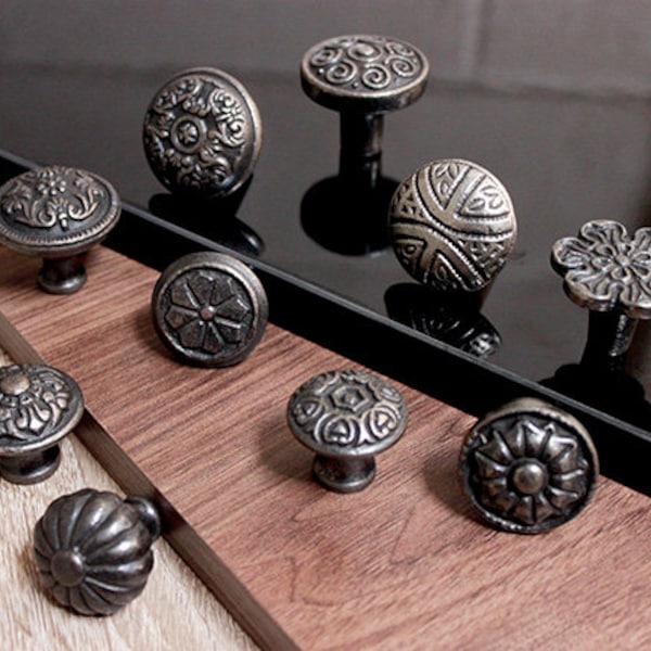Black and Silver Cast Iron Round Cupboard Knob Chest Drawer Handle Cabinet Kitchen Pull