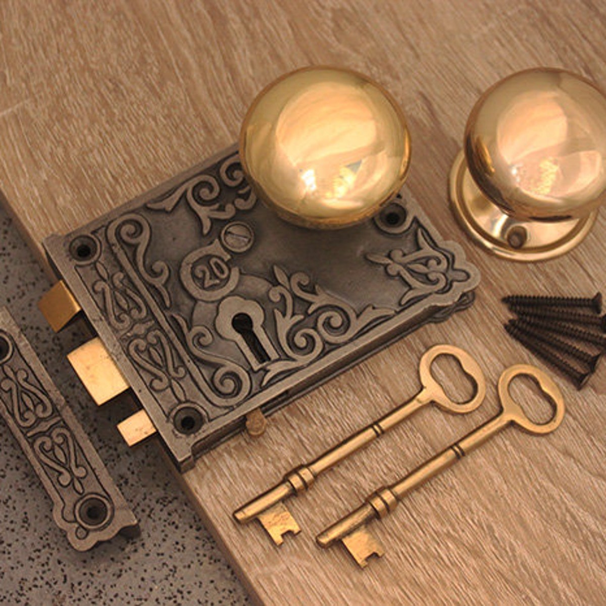 Brass Door Knob Set Antique Cast Iron/Brass Door Rim Sash Lock Floral 5 Designs