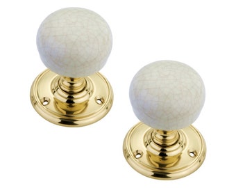 Porselein insteek keramische deurknop - Ivoor Crackle Glaze /Polished Brass Rose