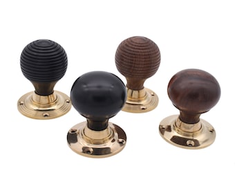 Pure Ebony Wood & Rosewood Door Knobs / Wooden Victorian Mortice Rim Knobs / Solid Brass Rose Plate Polished Brass Finish 4 Design