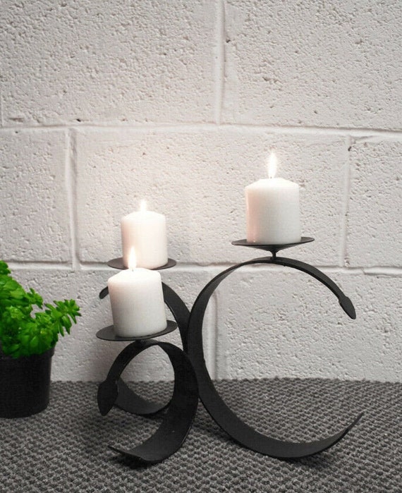 Contemporary Modern 3 Pillar Spiked Black Iron Candle Display Holder  Candlestick 