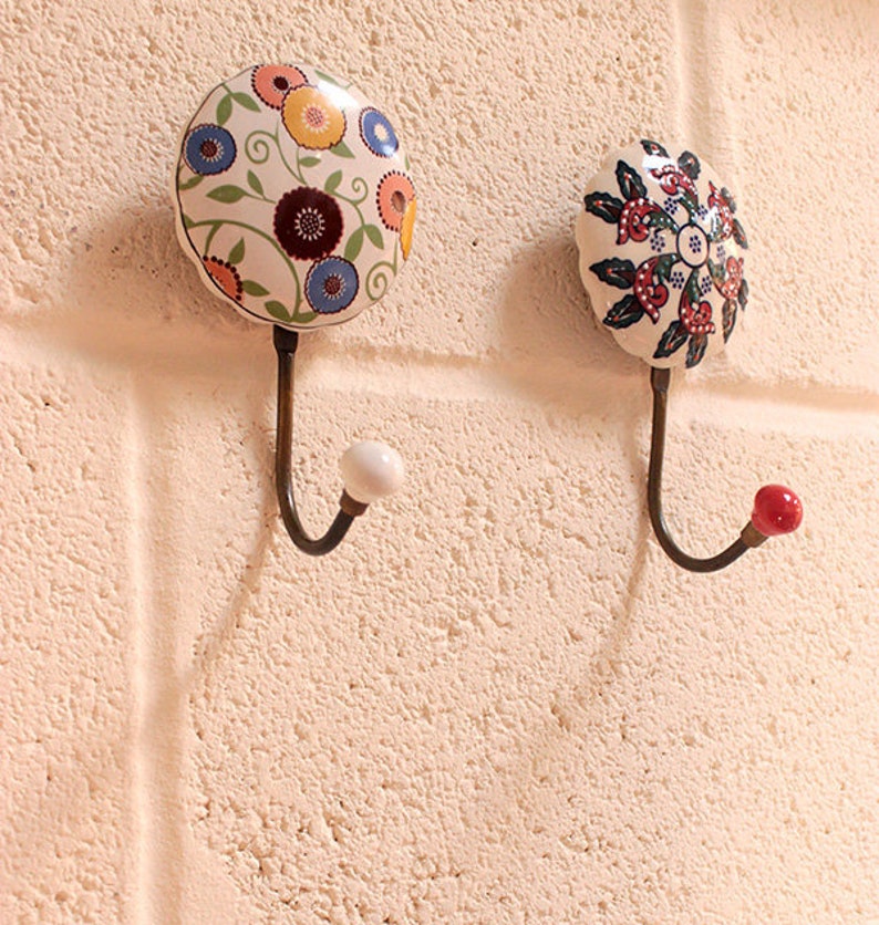 Colorful White Vintage Designs Ceramic Hat & Coat Hooks Wall Etsy